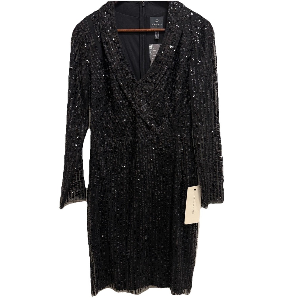 Adrianna Papell Black Sequin V-neck Dress Sz 8 NWT